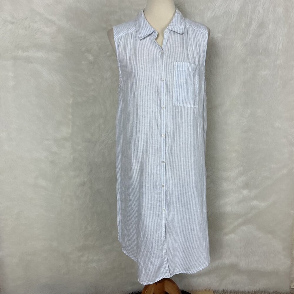 Sundance Sleeveless Blue White Striped Linen Classic Memories Tunic Top L